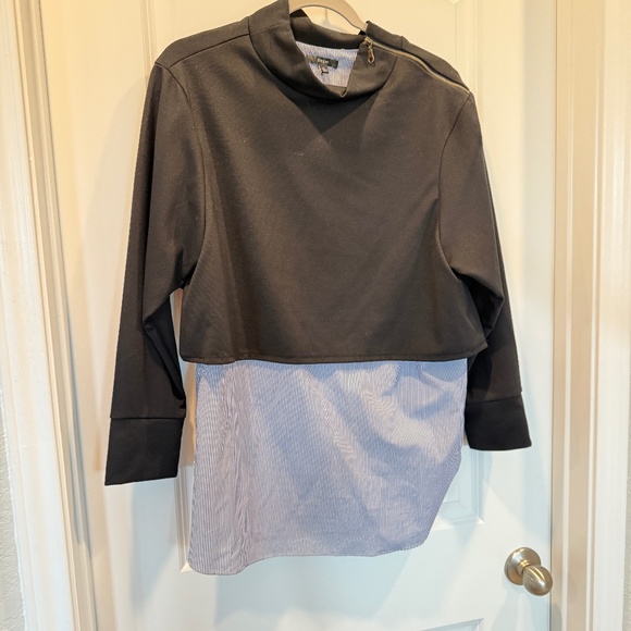 Twofer Black long sleeve mock neck tunic over blue and white stripe - Large - Picture 1 of 16